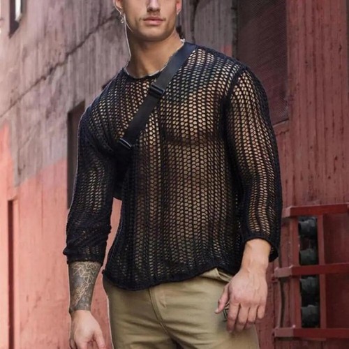 Men Shirt Hollow-out Machine Washable Men Knitted Mesh Top Male Bottoming Shirt - Picture 3 of 9