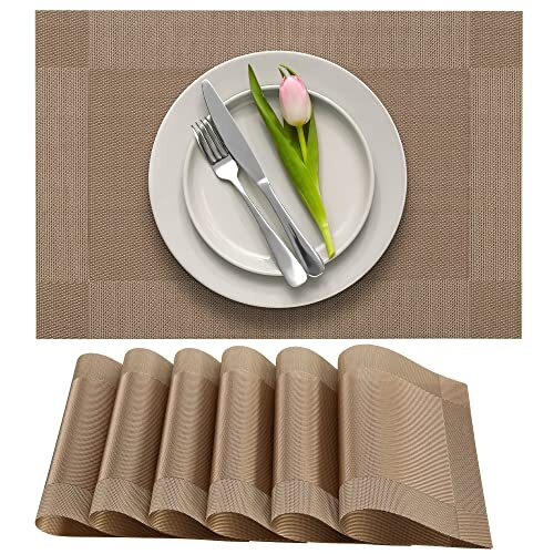 Dining Table Placemats, Washable PVC Vinyl Table Mats, Set of 6, Light Brown