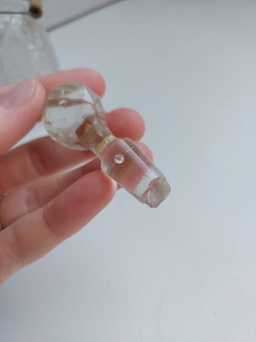 Cut Clear Glass Bottle With Wood Handle And Stopper 6" Tall Vintage - Picture 7 of 15