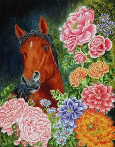 Brown-Horse-with-Flowers-8x10-Original-Daily-Oil-Painting-by-Zookie-kinard