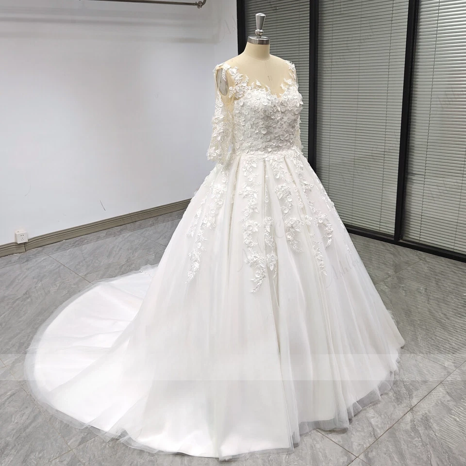 A-Line Wedding Dresses Long Sleeve Princess 3D Beading Flowers Bridal Gown - Image 4 of 4