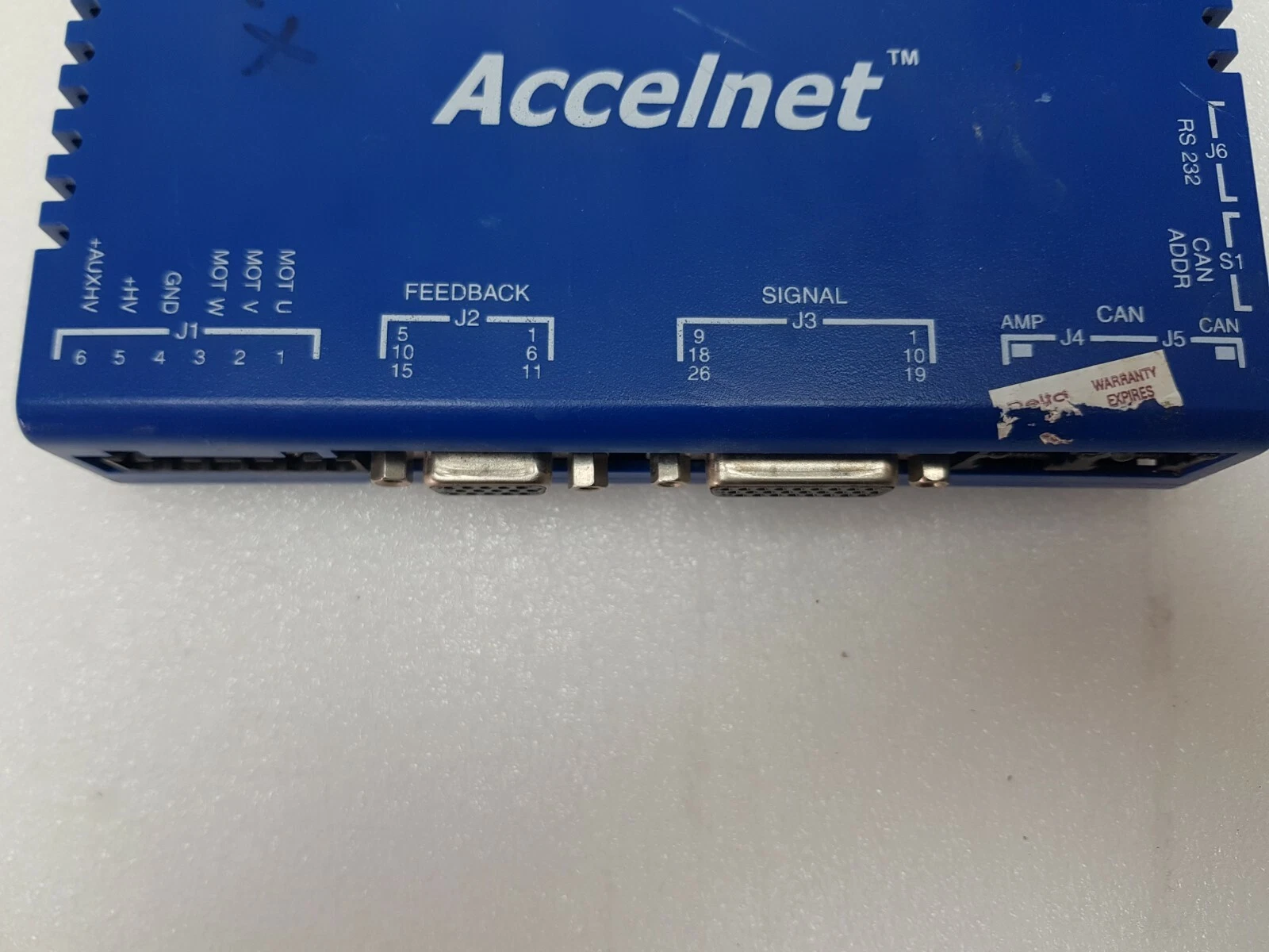 Connector legend on the Accelnet drive: J1 power and motor, J2, J3 signal, J4/J5 CAN, J6 RS-232
