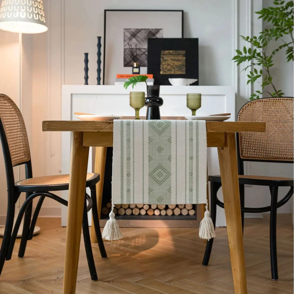 Jacquard Table Runner with Tassel Cotton Thread Geometric Dinning Table Runners - Image 2 of 4