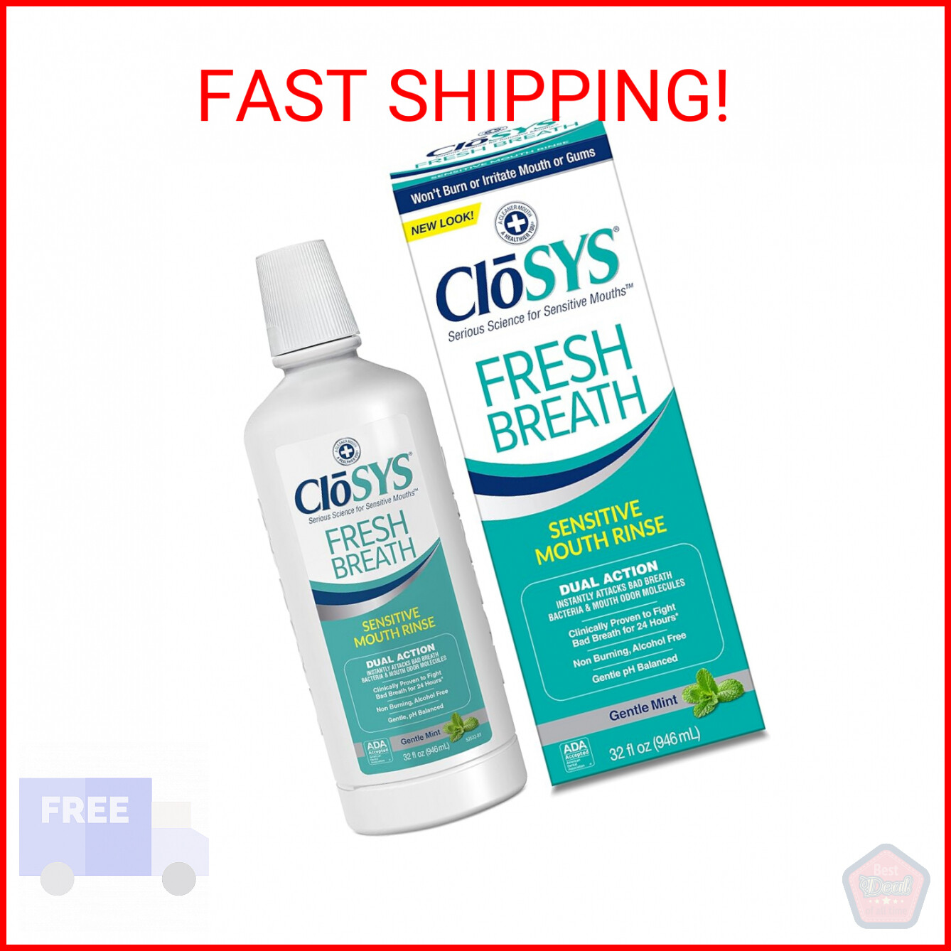 CloSYS Sensitive Mouthwash, 32 Ounce, Gentle Mint, Alcohol Free, Dye