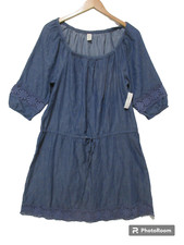 Sz L NWT Old Navy Blue Chambray Shirt Tunic Dress Balloon 3/4 Sleeve Peasant Top