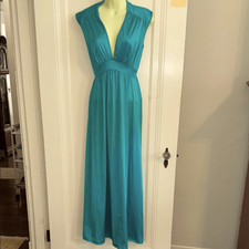 Vintage 60s Vanity Fair Turquoise Green Deep V Neck Sleeveless Long Nightgown