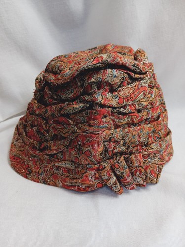 Vtg 60s 70s Turban Hat Red Paisley Metallic Mid Century - Picture 2 of 16