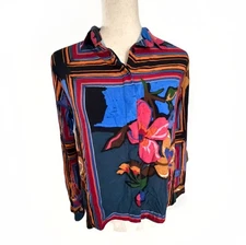 Esprit Women’s Medium Scarf Print Shirt Black Floral Art To Wear Boho Maximalist