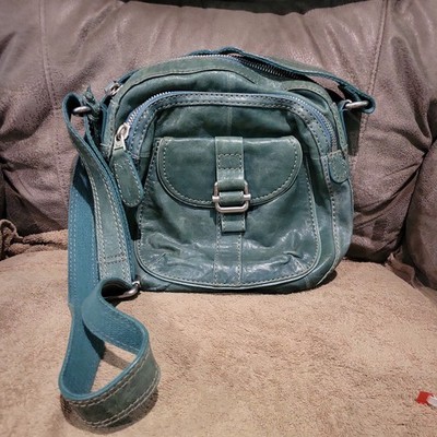 Fossil Distressed Green  Leather Double Strap Crossbody Shoulder Handbag 