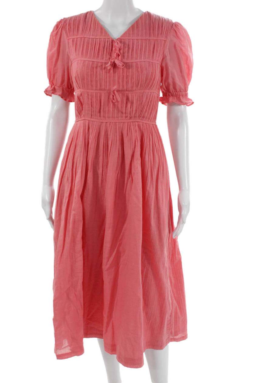 Rejina Pyo Womens A-Line Midi Dress Pink Cotton V-Neck Zip Short Sleeve Size 6Free Shipping in US $100+ Orders | $6.95 Orders Below