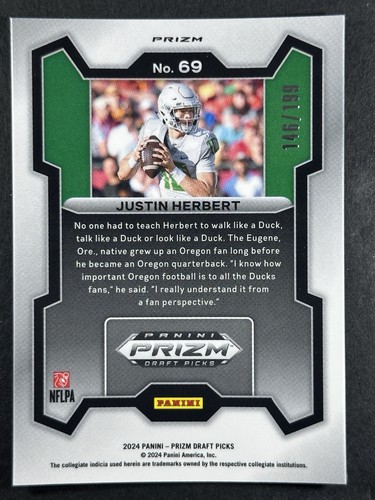 2024 Prizm Draft Picks Justin Herbert Blue Prizm /199 - Picture 2 of 3
