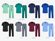 Women Medical Scrub Set V-Neck Top Straight Leg Pants Nurse Uniform S-XXL