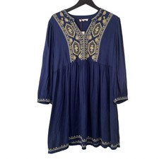 Solitaire Embroidered Boho Babydoll Tunic Mini Dress XL Boho Rayon Navy Blue