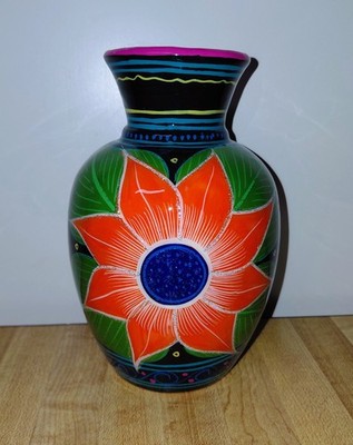 Hand Painted Glitter Mexican Clay Vase 5.75'' Tall