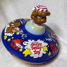 Vtg Ohio Art Metal Toy Spinning Top Sleepy Teddy Red Blue Retro Tin Litho 1960s