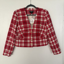 J.CREW Women s Red White Plaid Blazer Jacket Button Lined Pockets Long 6 BV222
