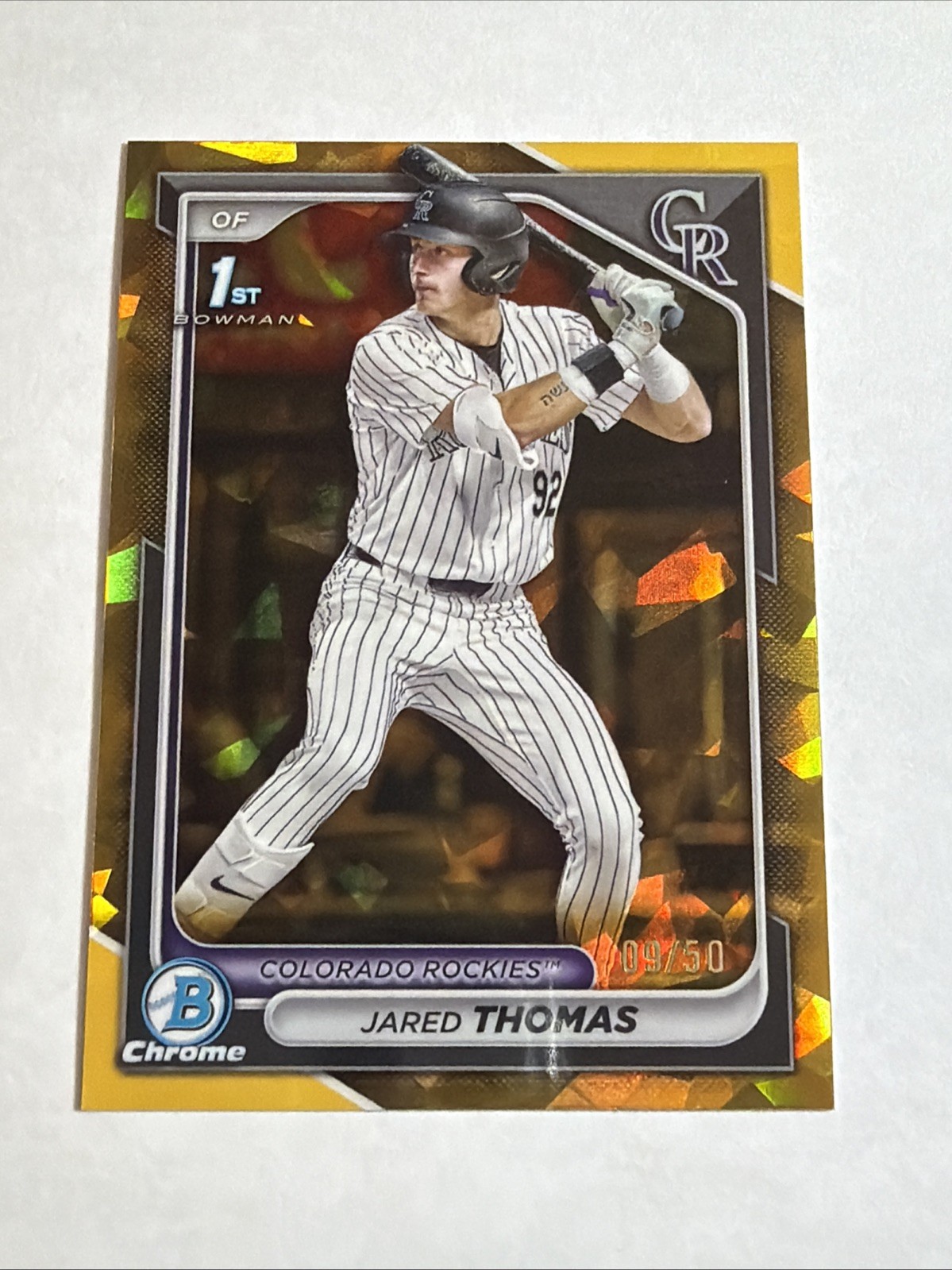 2024 1st Bowman Chrome Draft Sapphire Gold Refractor Jared Thomas 09/50 RC SP