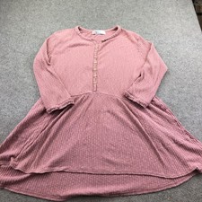 FP Beach Sweater Dress Womens Medium Pink Ribbed Knit Henley Hi Low Trapeze