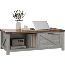 Rustic Farmhouse Coffee Table with Integrated Storage and Drawer Featuring an Op
