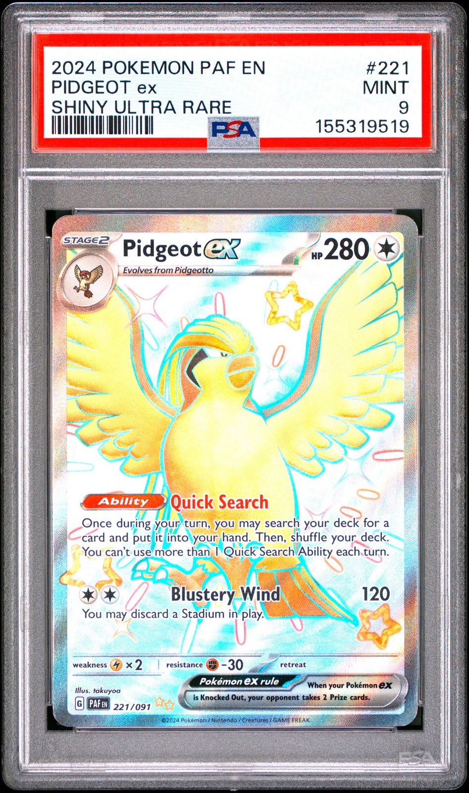 2024 POKEMON PAF EN-PALDEAN FATES SHINY ULTRA RARE #221 PIDGEOT EX PSA 9