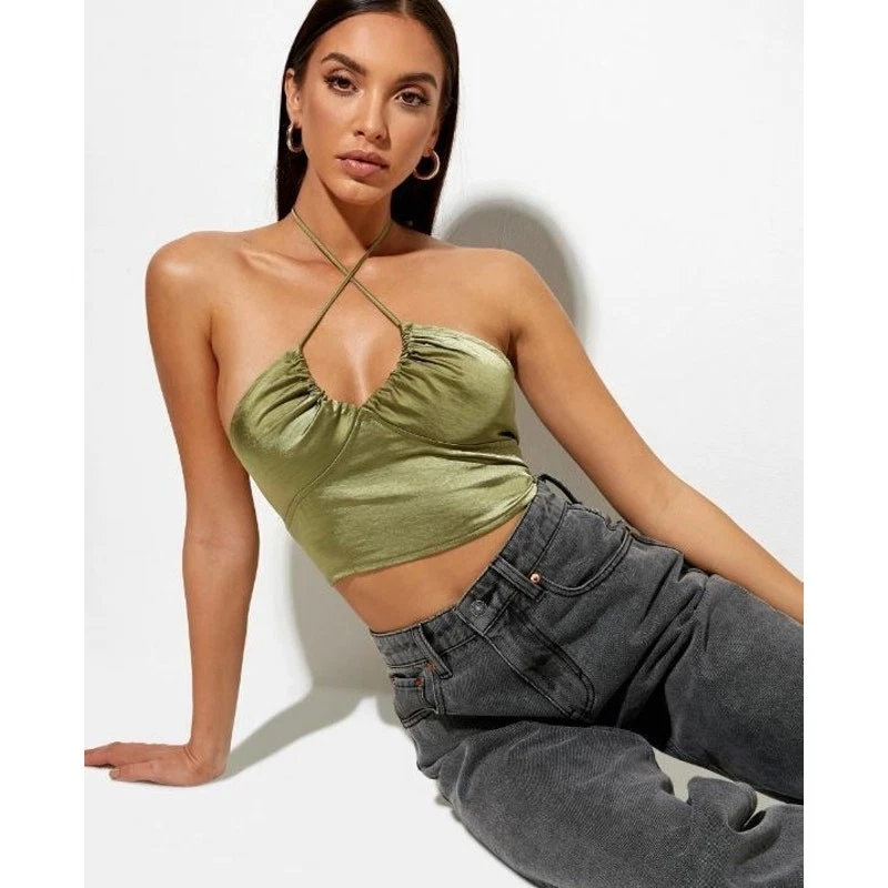 Top corto Urban Outfitters Motel verde satinado seda sin mangas cami camisola talla S Foto 2 de 4