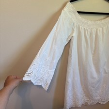 Off the Shoulder Mini Dress Flair Sleeves White 100% Cotton Eyelet Flowy S