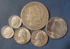 LOT 6 US SILVER COINS 1881 S MORGAN SILVER DOLLAR 1964 KENNEDY HALF $ 2 QUARTERS
