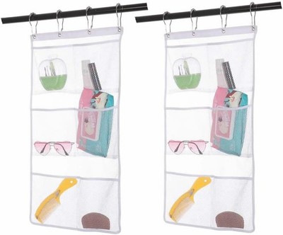2 Pack Mesh Hanging Caddy Organizer with 6 Pockets, Shower Curtain Rod Liner