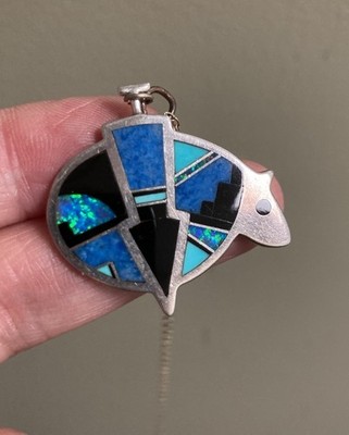 Vintage Navajo Sterling Bär Anhänger Kette mit Opal Türkis Lapis signiert D L