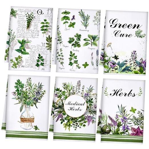 6 Pcs Kitchen Towels Spring Farmhouse Dish Hand Towels Green, White Herb
