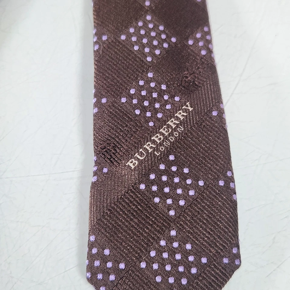 Галстук Burberry London коричневый с фиолетовым пунктирным клетчатым шелковым вырезом - Изображение 4 из 4