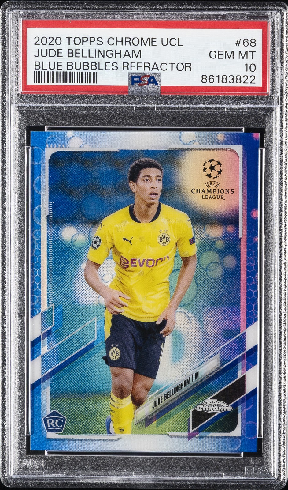 2020 TOPPS CHROME CHAMPIONS LEAGUE #68 JUDE BELLINGHAM ROOKIE RC PSA 10