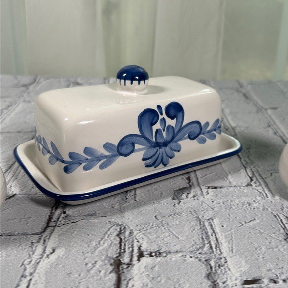 HOME Country Home Butter Dish Salt & Pepper Shakers Vintage Aesthetic Blue White