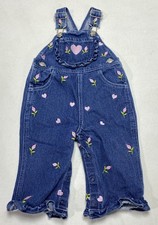 Vintage Jeans Wear Denim Bib Overalls Baby Girls Size 12M Snap Tulip Embroidery