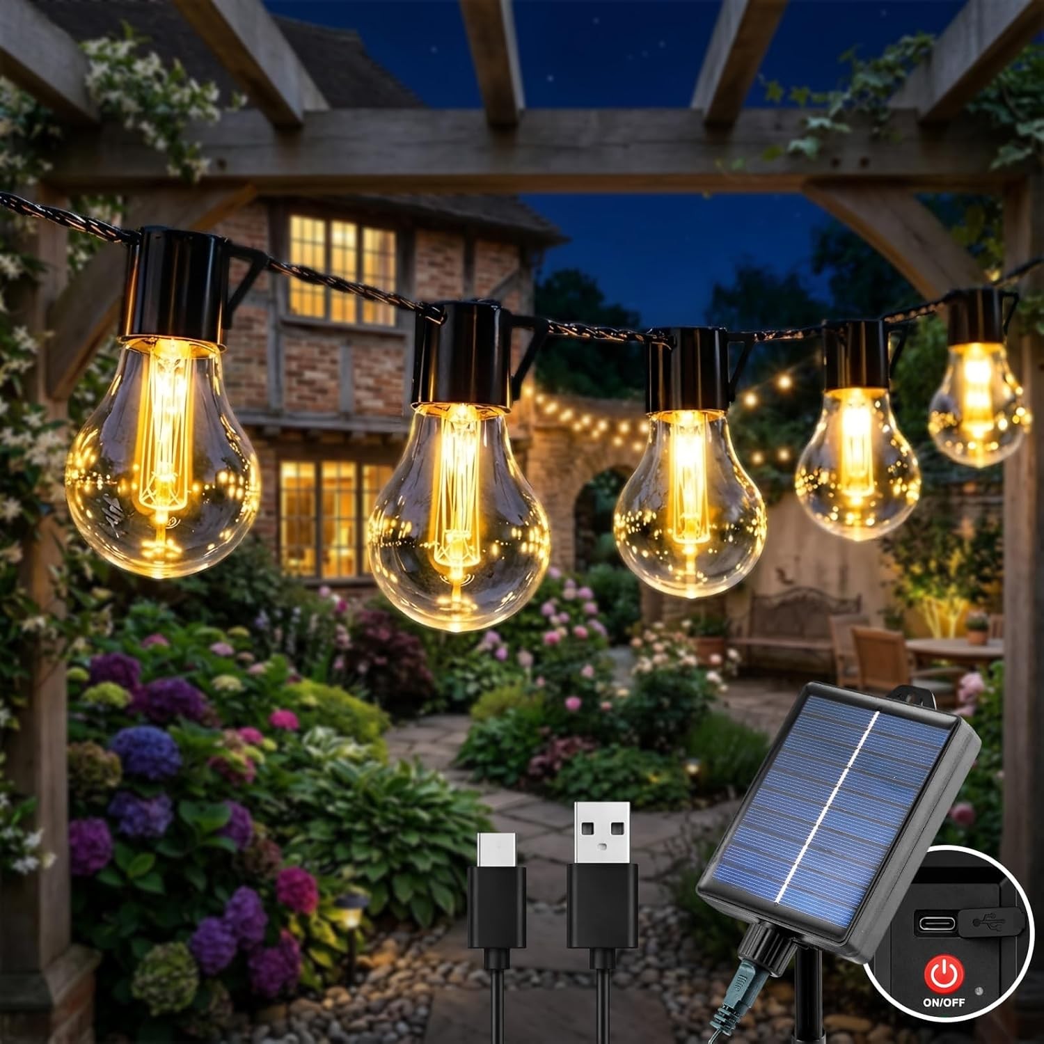 Guirlande lumineuse extérieure solaire 9m 20 LED guinguette étanche noire pour jardin