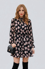 Missguided Black Floral Long Sleeve Mini Dress 6 Party Boho Ruffle High neck