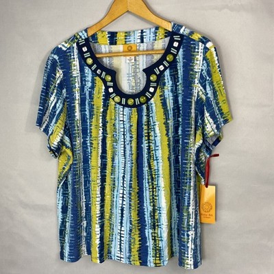 NWT Ruby Rd Top Womens 3X Plus Colorful Stretch SS Embellished Boho Artsy Beaded
