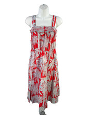 Talbots Women's Red Palm Tree Print Smocked Sleeveless Midi Dress - 4 Petite