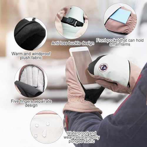 Damen Ski Fäustlinge, wasserdichte Thermo Winter Handschuhe zum Skifahren Laufen rosa - Bild 3 von 6