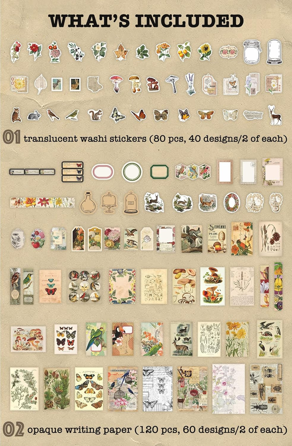 Knaid 200 Pieces Vintage Ephemera Pack Decoupage Paper Junk Journal Kit Scrapboo