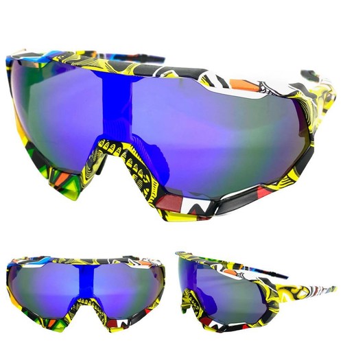 Oversize 90s RETRO SPORTY Wrap Around Style SONNENBRILLE GOGGLES Blue Mirror Lens - Bild 1 von 6
