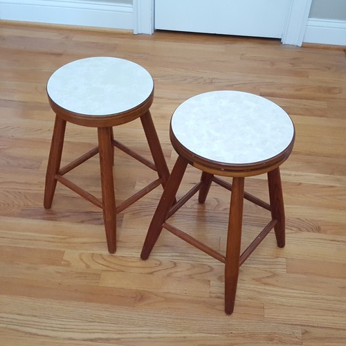 Vintage Pair Handmade Kids Stools Strong Oak Base Formica Tops Great Colors! - Picture 3 of 24