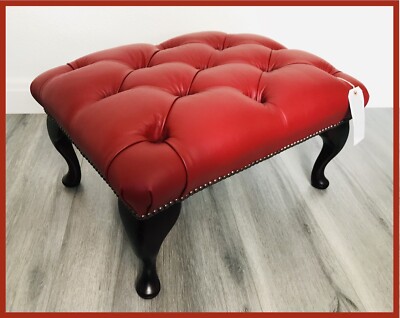 Chesterfield geknöpfter Queen Anne Fußhocker aus echtem rotem Leder