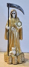 GRIM REAPER SANTA MUERTE OWL BALL MONEY SCYTHE FANTASY FIGURINE GOLD