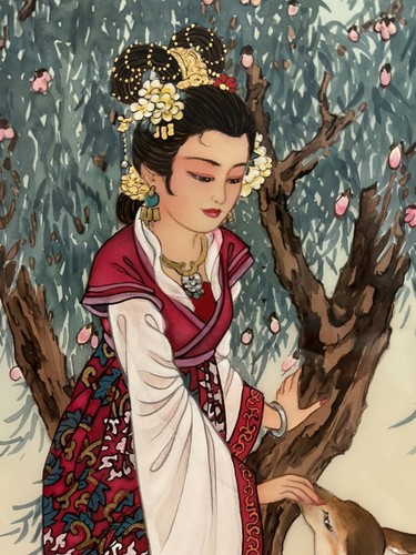 Caroline Young Framed Signed Chinese Girl Deer Watercolor Original Asian Woman - Picture 10 of 11