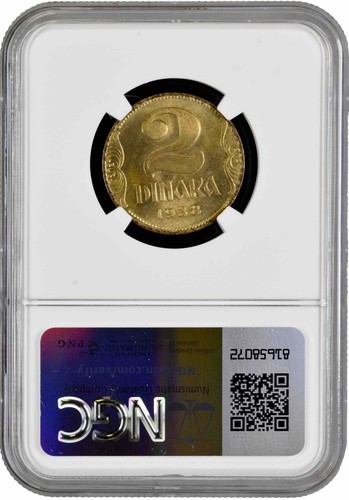 Yugoslavia 2 dinara 1938, NGC MS65 LARGE CROWN, "King Peter II (1934 - 1945)" - Picture 2 of 2