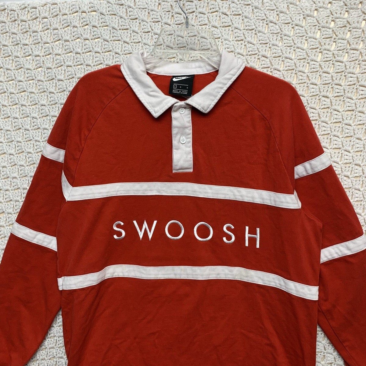 Nike Polo Shirt Mens Large Swoosh Rugby Red/white Striped