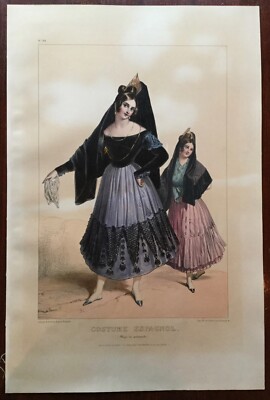 BELLE GRAVURE DEVÉRIA COSTUME ESPAGNOL (MAJA EN PROMENADE) BE 1831 
