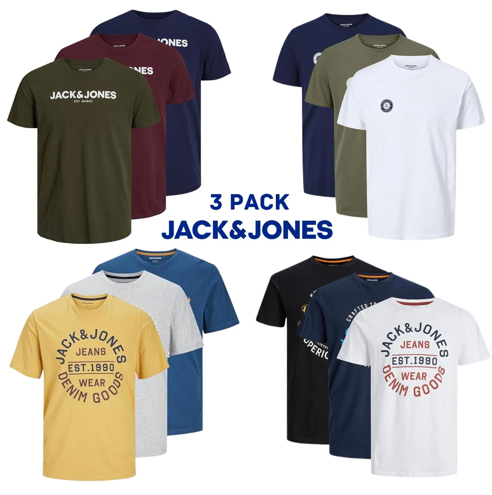 Mens T-Shirt Jack & Jones 3 Pack Plain Logo Branded Cotton Tee Top Casual S-2XL
Opens in a new windo