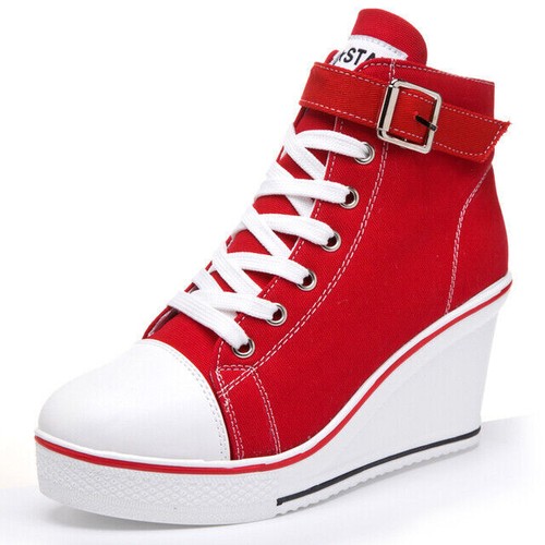 Hot Ladys High Top Wedge Heel Sneakers Women Lace Up Pumps Canvas Sport Shoe - Picture 17 of 17